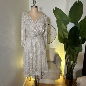 DKNY Silver Sequin Dress with Plunge Neckline